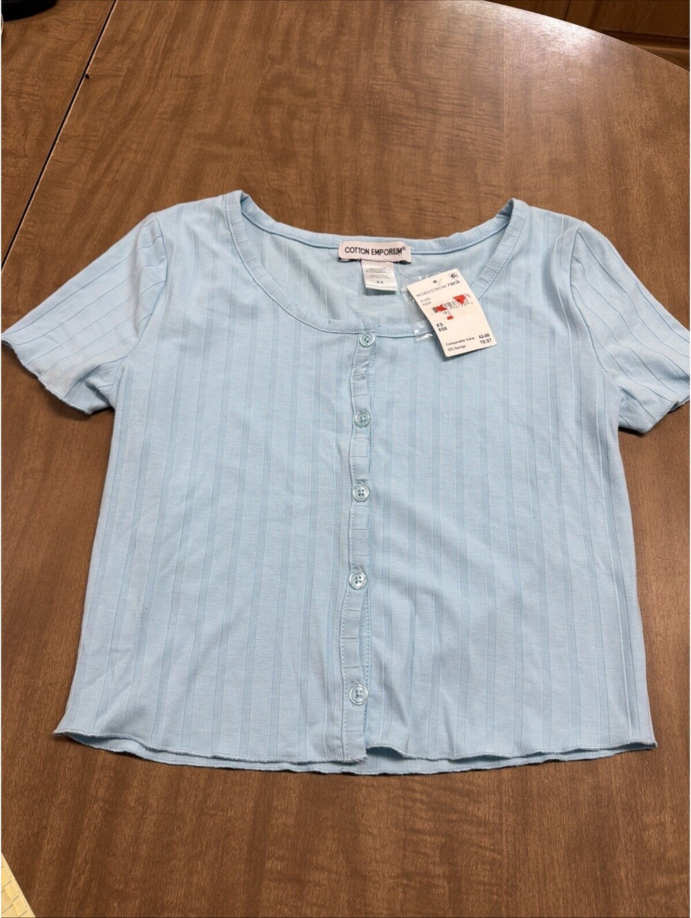 NWT Cotton Emporium Button Front Top XS Blue Aqua Ribbed Crop Short Sleeve